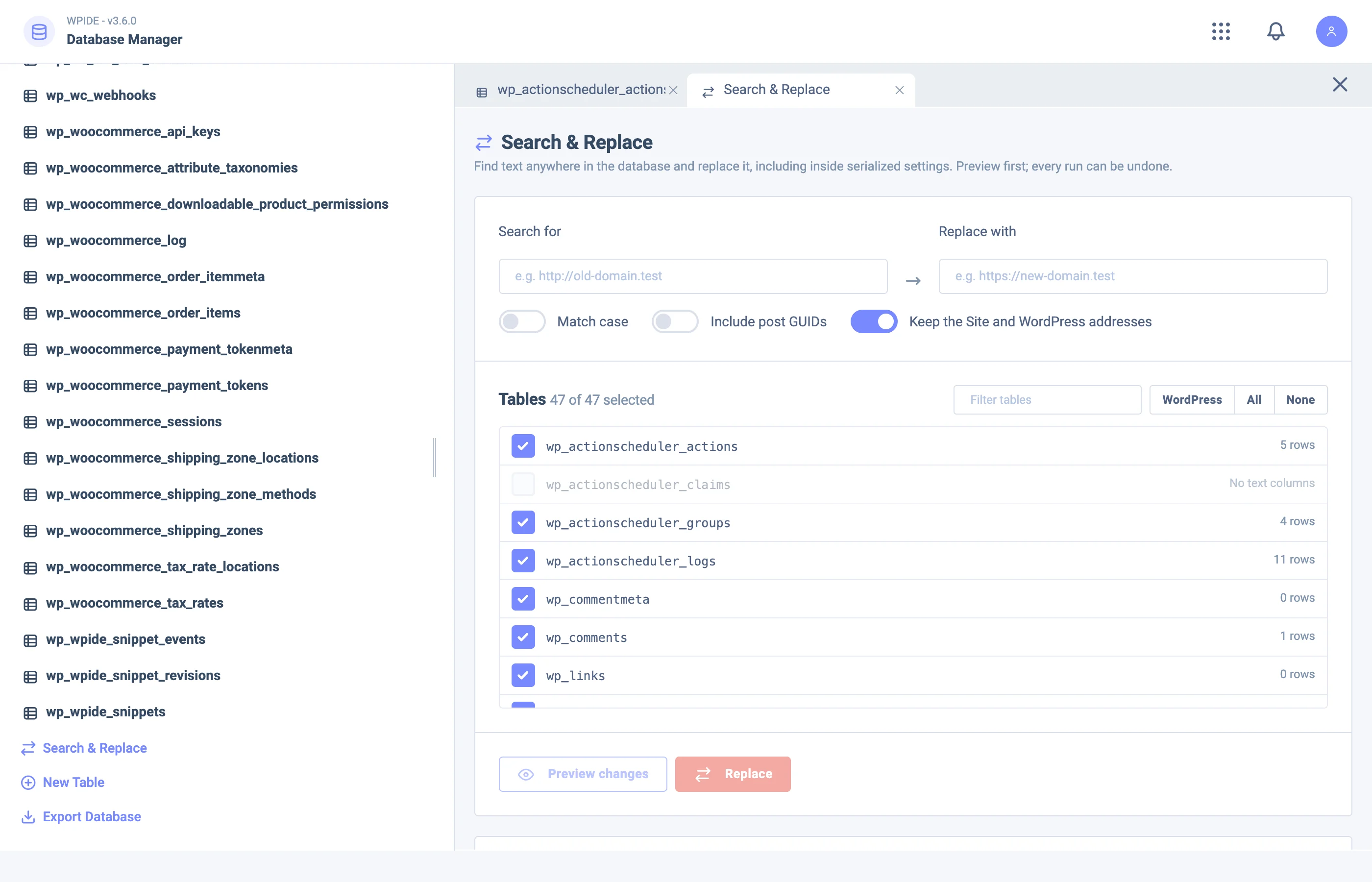 Previewing a database search and replace in WPIDE