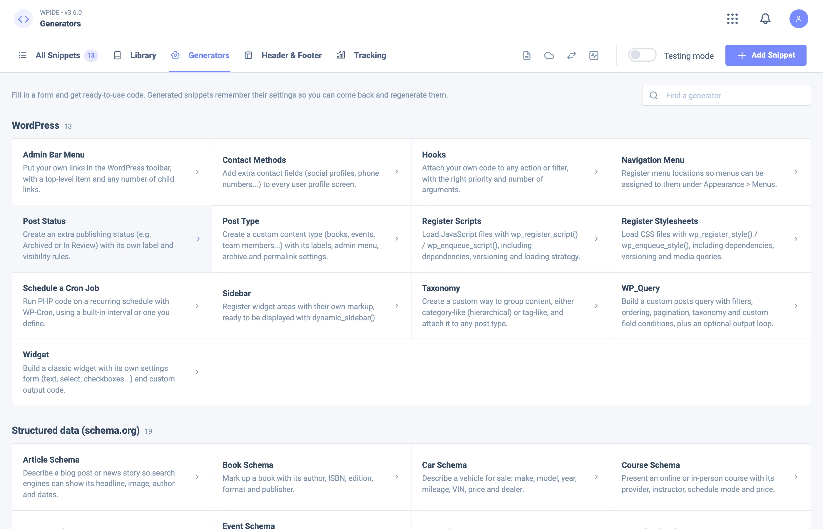 Code Generators in WPIDE Code Snippets