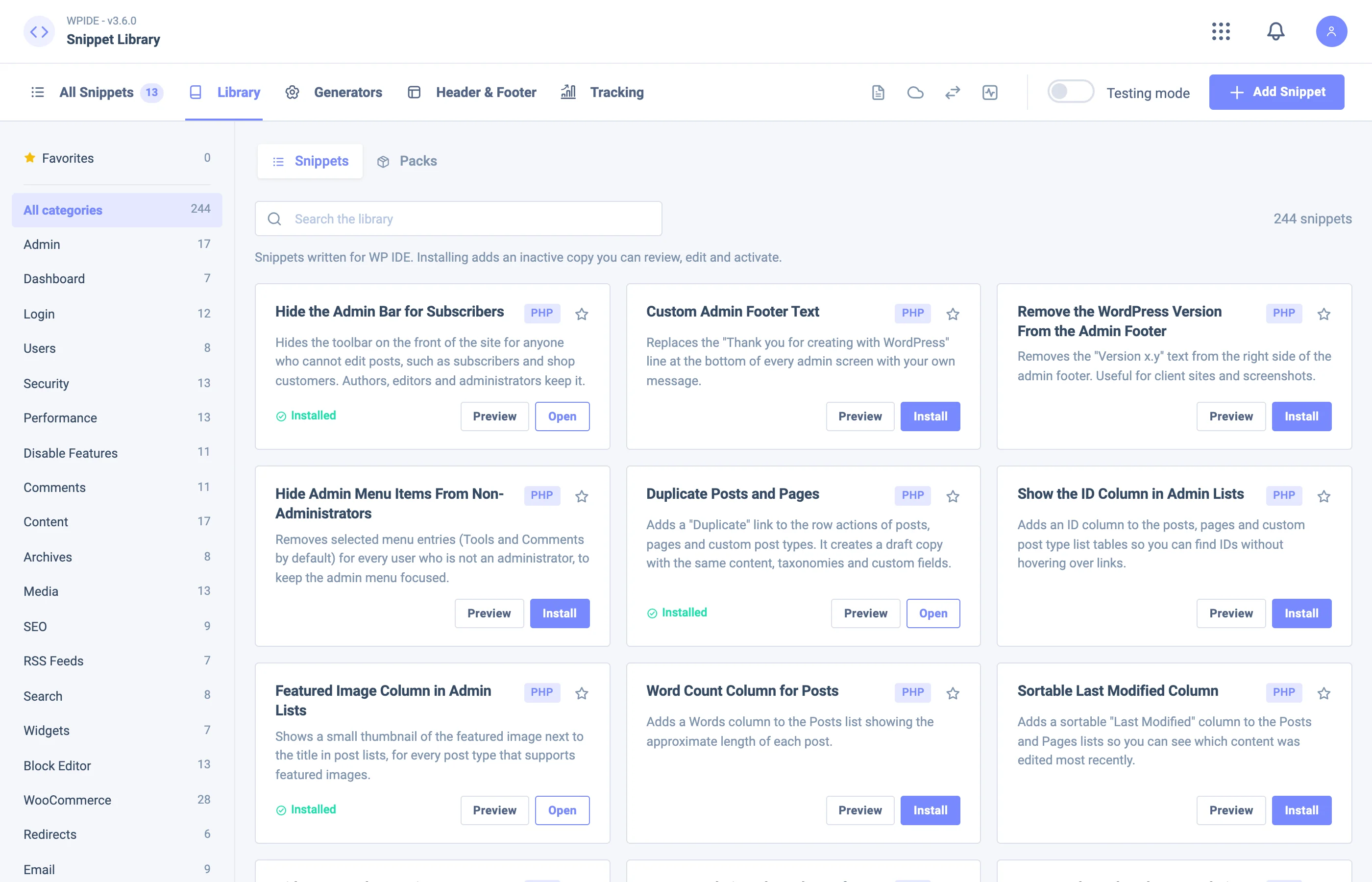 Snippet Library in WPIDE Code Snippets