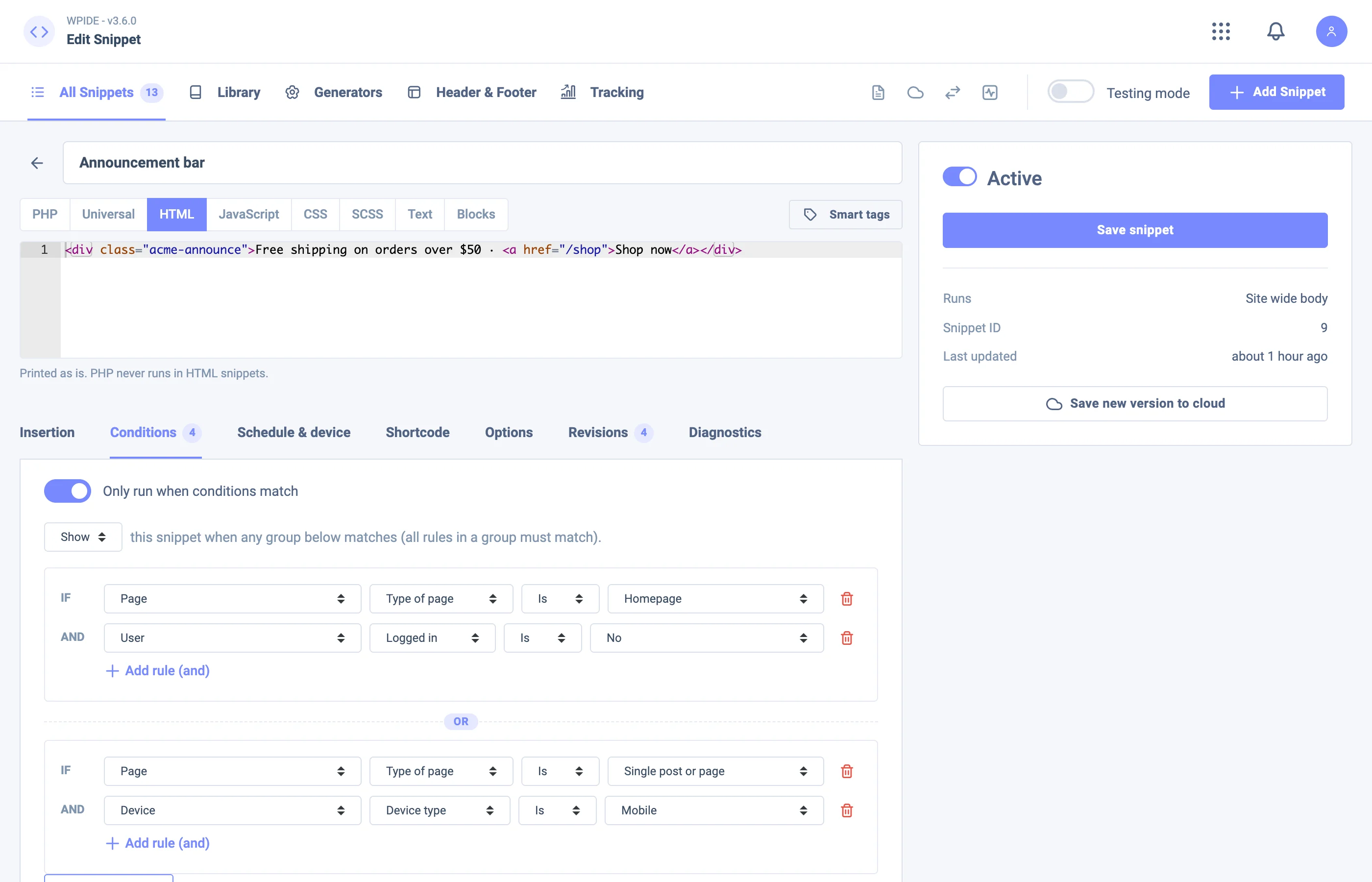 Conditional Logic in WPIDE Code Snippets