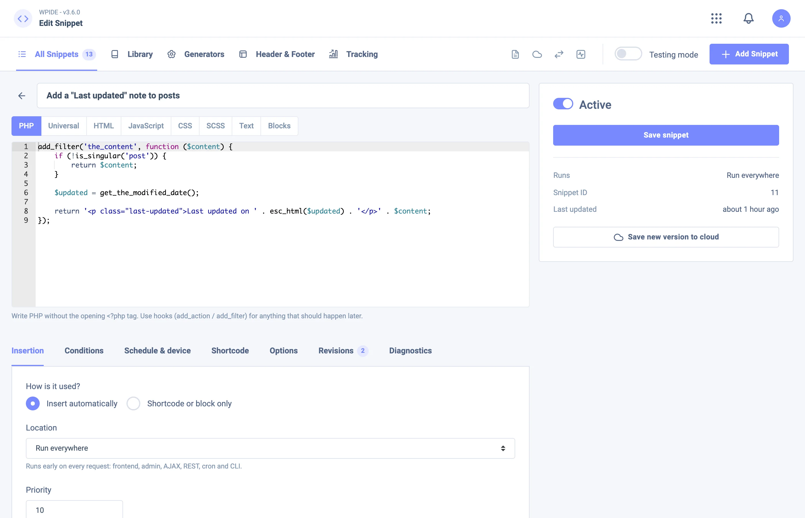 Code Editor in WPIDE Code Snippets