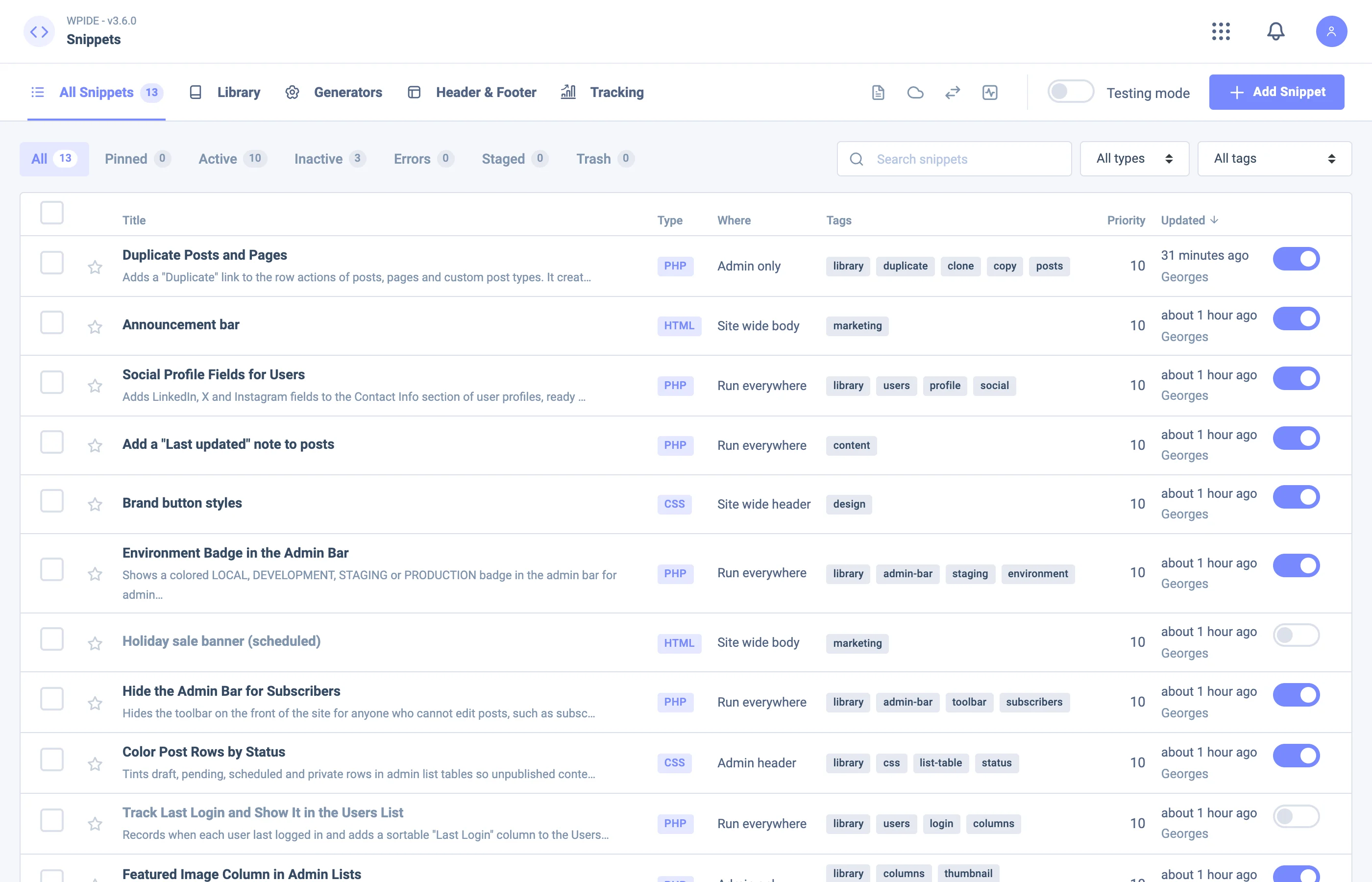 Your Snippets in WPIDE Code Snippets